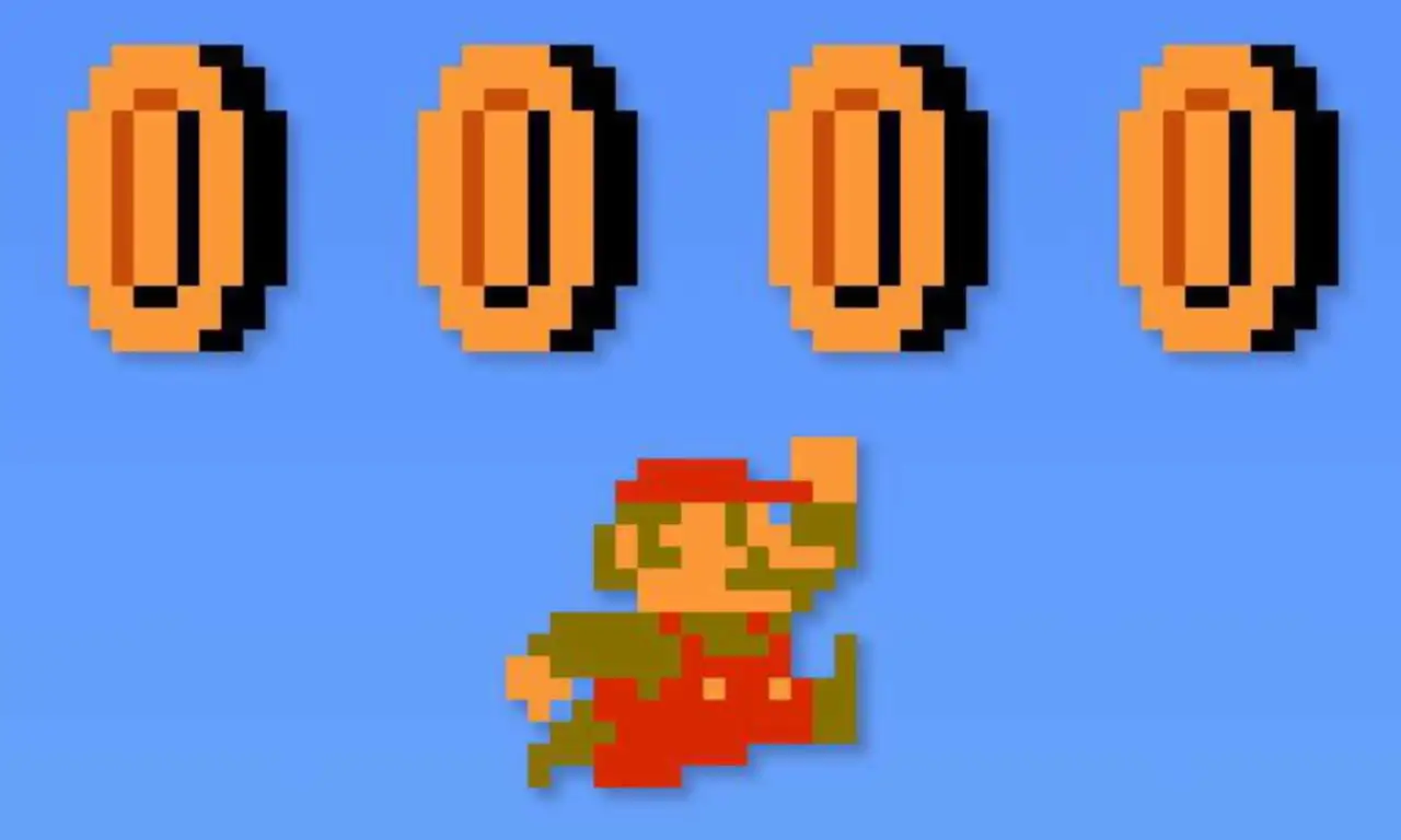Pixel-art Mario jumping beneath a row of coins